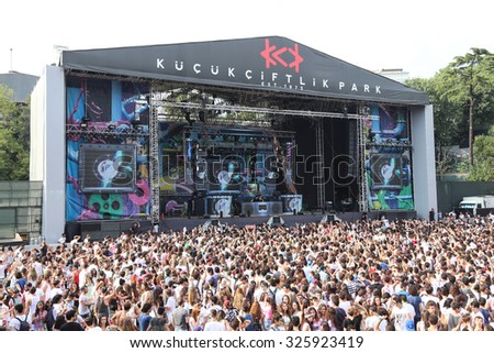 ISTANBUL, TURKEY - AUGUST 01, 2015: DJs on stage of Life in Color the Big Bang tour in Istanbul Kurucesme Arena