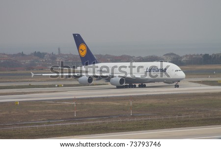 ISTANBUL - MARCH 19: Airbus A380 taxiing on runway at Istanbul Ataturk Airport on March 19, 2011 in Istanbul, Turkey. Lufthansa\'s Airbus A380 has landed to Istanbul for an advertising flight.