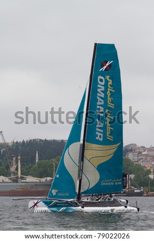 ISTANBUL - MAY 28: Skipper Sidney Gavignet, Oman Air team boat competes in the Extreme Sailing Series on May 28, 2011 in Istanbul, Turkey.