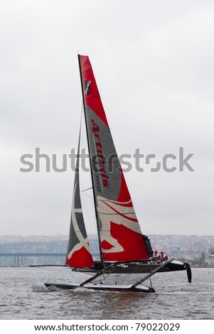 ISTANBUL - MAY 28: Skipper Terry Hutchinson, Artemis Racing Team boat competes in the Extreme Sailing Series on May 28, 2011 in Istanbul, Turkey.