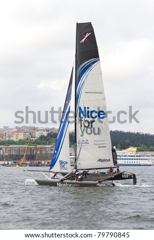 ISTANBUL - MAY 29: Skipper Alberto Barovier, Niceforyou team boat competes in the Extreme Sailing Series, on May 29, 2011 Istanbul, Turkey.