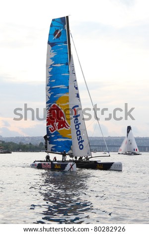 ISTANBUL - MAY 29: Skipper Roman Hagara, Red Bull Extreme Sailing team boat competes in the Extreme Sailing Series boat race on May 29, 2011 in Istanbul, Turkey