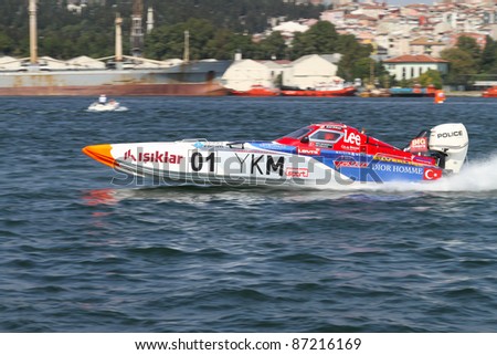 ISTANBUL, TURKEY - SEPTEMBER 17: Saruhan TAN drives YKM Sport Offshore 225 boat during World Offshore 225 Championship, Halic stage on September 17, 2011 in Istanbul, Turkey
