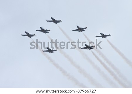 ISTANBUL, TURKEY - OCTOBER 16 : Breitling Jet Team performs during their Middle East Tour at the Istanbul, Halic on October 16, 2011 in Istanbul, Turkey.