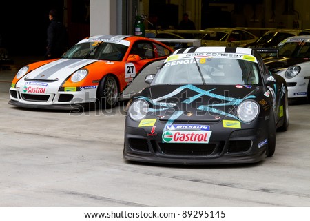 ISTANBUL, TURKEY - OCTOBER 30 : Race cars at garage before Porsche GT3 Cup Challenge Eastern Europe on Istanbul Park on October 30, 2011 in Istanbul, Turkey.