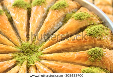 Delicious Turkish sweet, baklava with green pistachio nuts