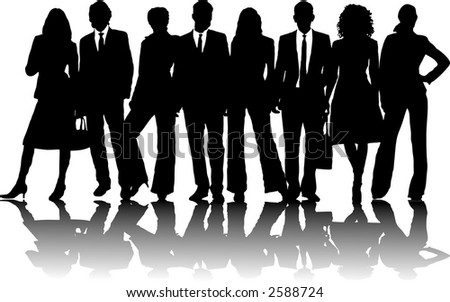 Eight Silhouette Business People In Line In Black And White Stock ...