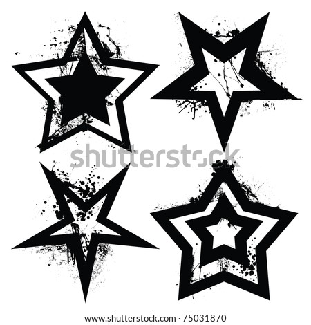 Black and white grunge star collection with ink splats and roller marks