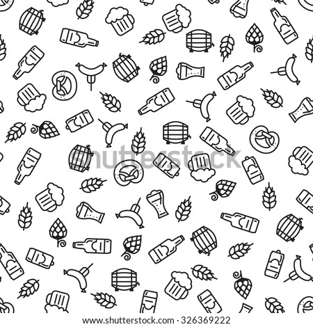 Beer icons seamless pattern (hop branch, wooden barrel, glass of beer, beer can, bottle cap, beer mug, barley). Oktoberfest background.