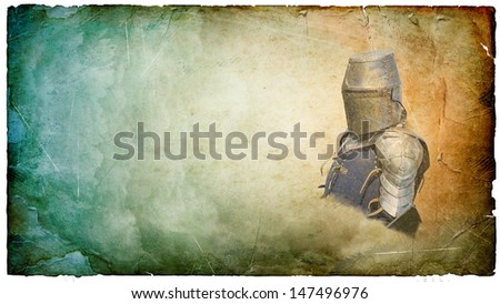 Armored knight in helmet with shield - retro postcard on landscape vintage paper background