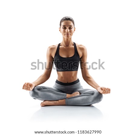 Similar – Image, Stock Photo Slim woman doing meditation on beach