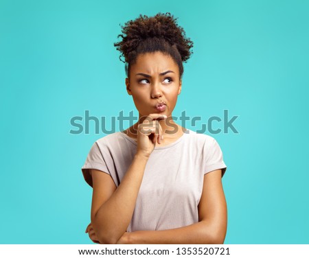 Similar – Image, Stock Photo Glad African American female listened to music from laptop