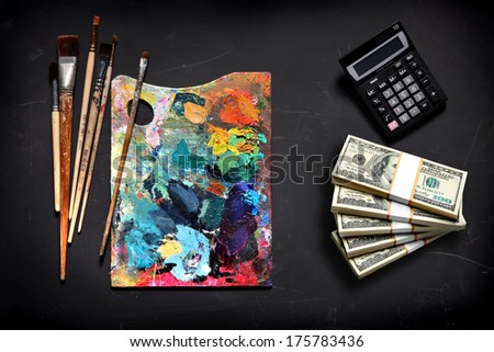 Cost of oil painting art / studio photography of paint utensils on black background