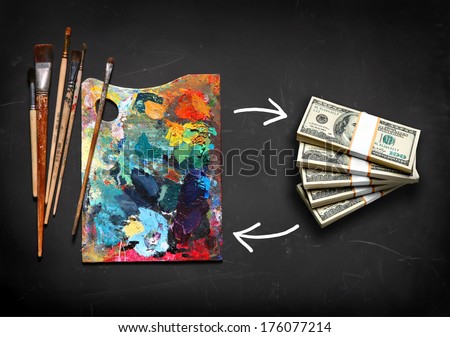 Make money from art / studio photography of paint utensils on black background