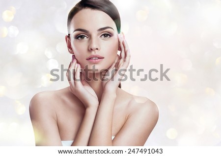 Charming young woman, youth and skin care concept / photoset of attractive brunette girl on blurred background with bokeh