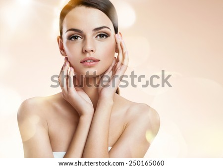 Young woman model, youth and skin care concept / photoset of attractive brunette girl on beige background