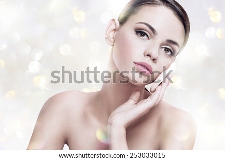 Pretty girl enjoy a flawless skin, skin care concept / photoset of attractive brunette girl on blurred background with bokeh