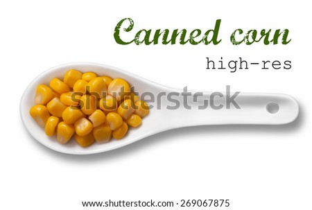 Canned corn in white porcelain spoon / high resolution product photography of seed in white porcelain spoon over white background with place for your text