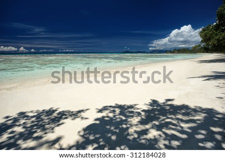 Perfect sandy beach with blue sky and shadow of trees, beautiful place for holiday and relax / outdoors photography of picturesque Seychelle islands