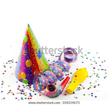 party background with serpentines confetti and hat