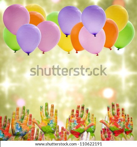 Child painted hands and balloons happy birthday party