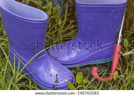 Wellingtons in spring rainy day on green grass
