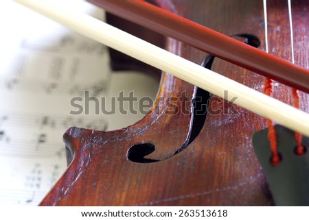 Violin bow on musical strings closeup