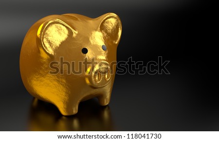 Computer generated and rendered image of golden piggy bank