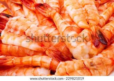 plenty of boiled shrimps on white background