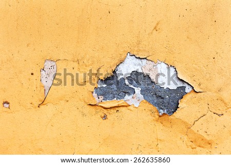 Dirty concrete wall with yellow streaks of water, cracks and scratches. Grungy concrete surface. Great background or texture for your project.