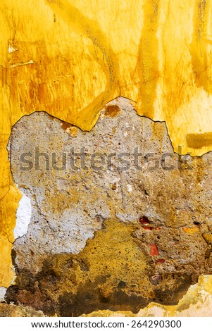 Vintage old damaged wall with cracks, scratches, painted with yellow paint. Textured background for your concept or project. Great background or texture.