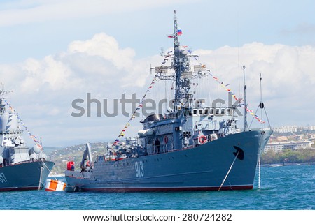 SEVASTOPOL, CRIMEA - MAY 9, 2015: Parade in honor of the 70th anniversary of Victory Day on 9 May 2015, in the bay of Sevastopol