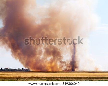 The fire and heavy smoke in the desert near the settlement during drought