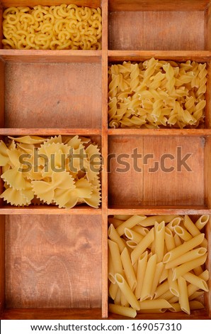 Old wooden box with pasta ingredients