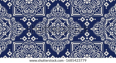 Seamless pattern based on ornament paisley Bandana Print. Boho vintage style vector background. Silk neck scarf or kerchief square pattern design style, best motive for print on fabric or paper.
