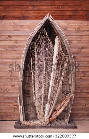 Vintage wood boat with nets. decoration objects.