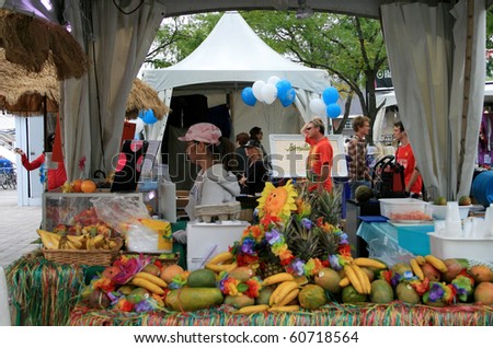 TORONTO, CANADA - SEPTEMBER 6:  The booth with fruits at Ashkenaz  Festival on September 6, 2010 in Harborfront Toronto, Canada.