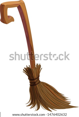 Old brown magic witch broom for quidditch isolated on white. Vector cartoon illustration