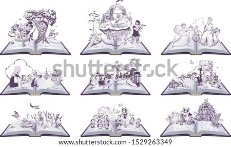 Set of open books fairy tales illustration. Cinderella, Inch, Snow Queen, Bremen Town Musicians. Isolated on white vector illustration