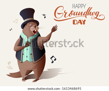 Happy Groundhog Day ornate lettering text greeting card. Groundhog wake up, sings song and casts off shadow. Fun vector cartoon illustration