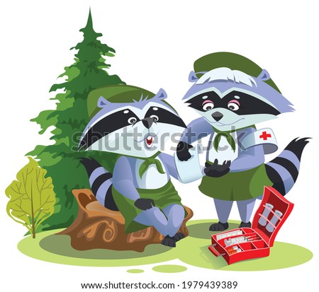 Scout raccoon bandaging first aid on hike. Boy Scout Medic. Vector cartoon illustration