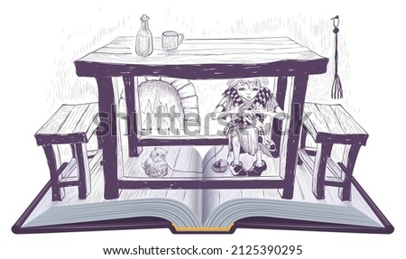 Les Miserables open book novel misfits Victor Hugo. Cosette sit under table knit stocking sock. Vector drawing illustration isolated on white