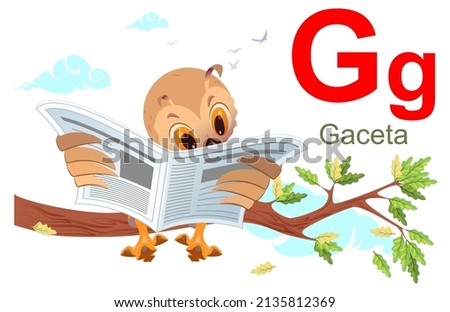 Spanish alphabet letter g newspaper gaceta. Owl sit branch and read newspaper. Vector cartoon illustration isolated on white