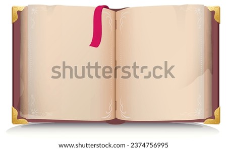Open book spread with empty blank page and red bookmark. Vector cartoon illustration isolated on white