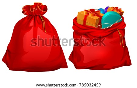 Full gift open and closed santa claus red bag. Isolated on white vector cartoon illustration