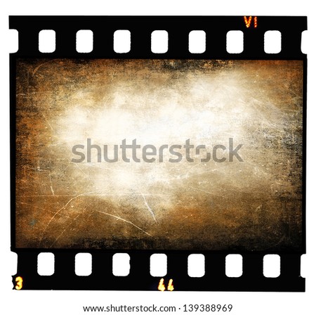 Grunge filmstrip texture, scratched photo film frame on white background