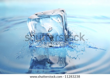 cool refreshing ice-cube dropped into freshly poured water. splashes frozen in time.
