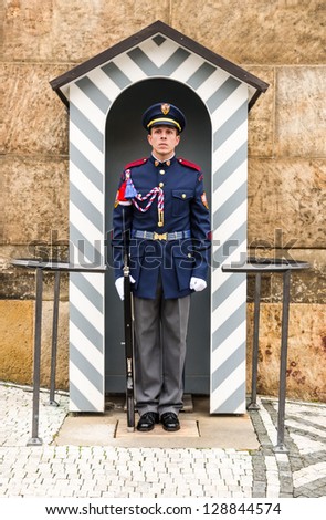 PRAGUE, CZECH REPUBLIC - OCT 21: Military Guard at Prage Castle on October 21, 2012, Prague, Czech Republic. Castle guard is directly subordinate to Military Office of the President of the Republic.