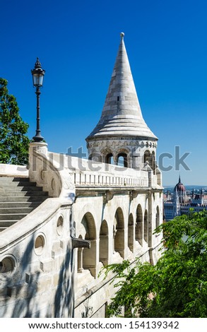 Architecture detail with terrace and conic tower of Fishermen Bastion in Budapest, built in XIXth century. Hungary