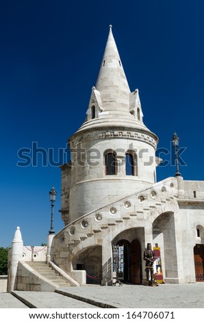 Fishermen Bastion, Budapest, Hungary. Architecture detail with terrace and conic tower, built in XIXth century.